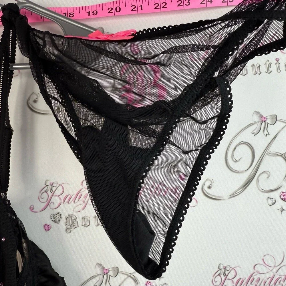 Victoria's Secret set 2 piece sexy little things Black Mesh Babydoll Pink Accent